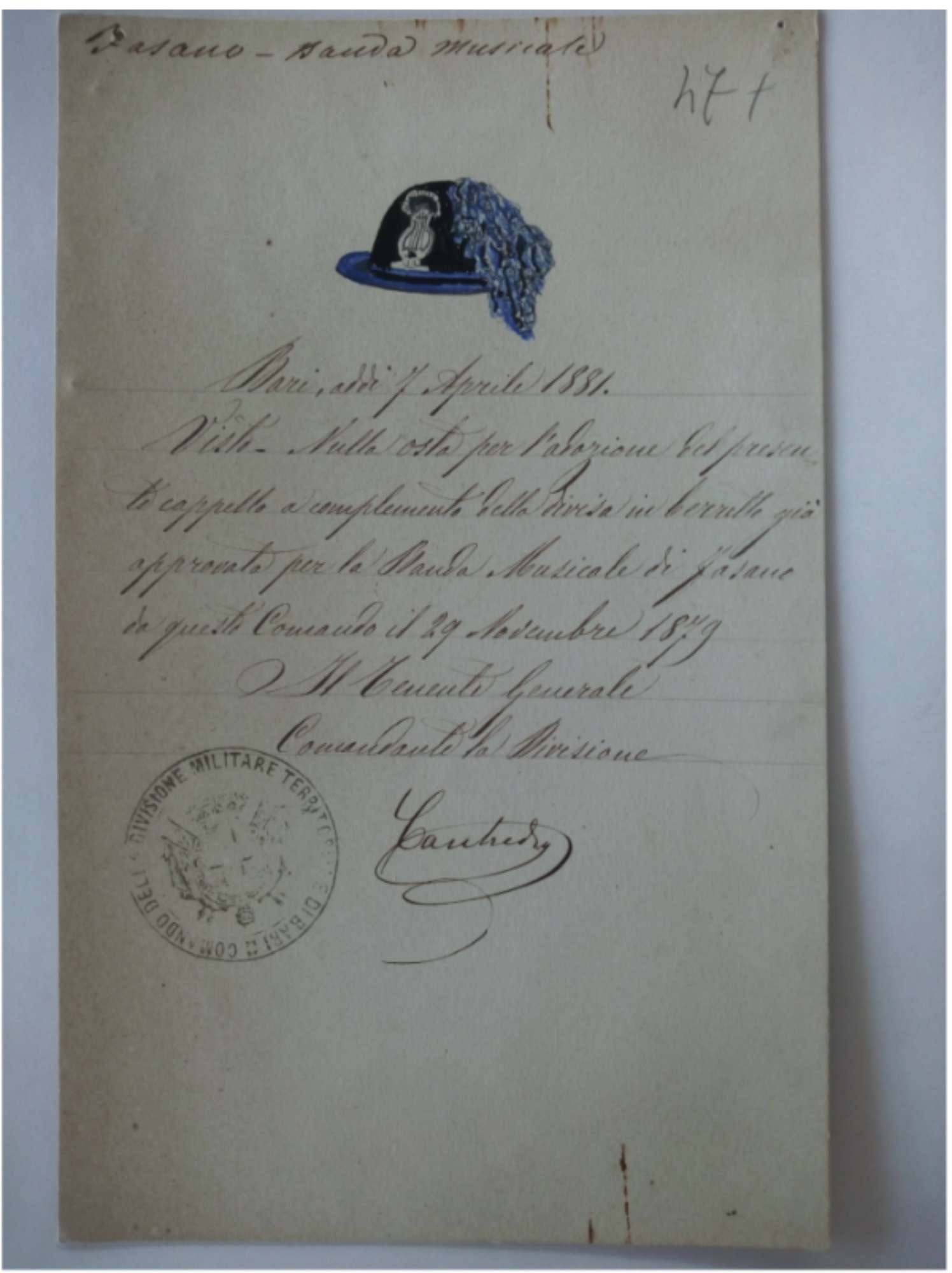 1881 - Lettera di richiesta utilizzo nuovo berretto